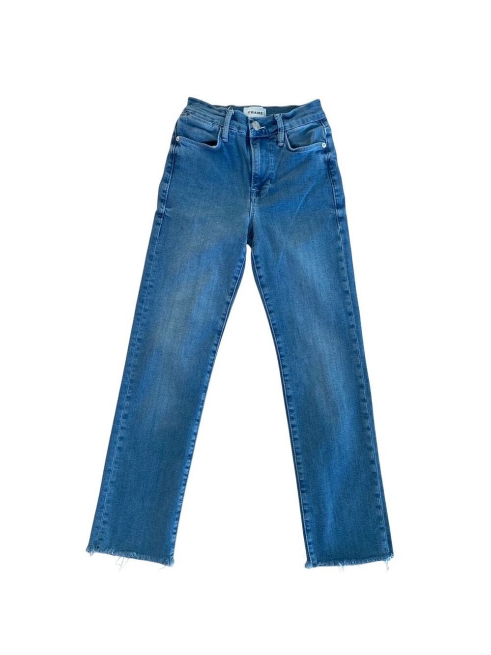 FRAME Le high straight jeans high rise raw hems stretchy soft blue denim size 24
